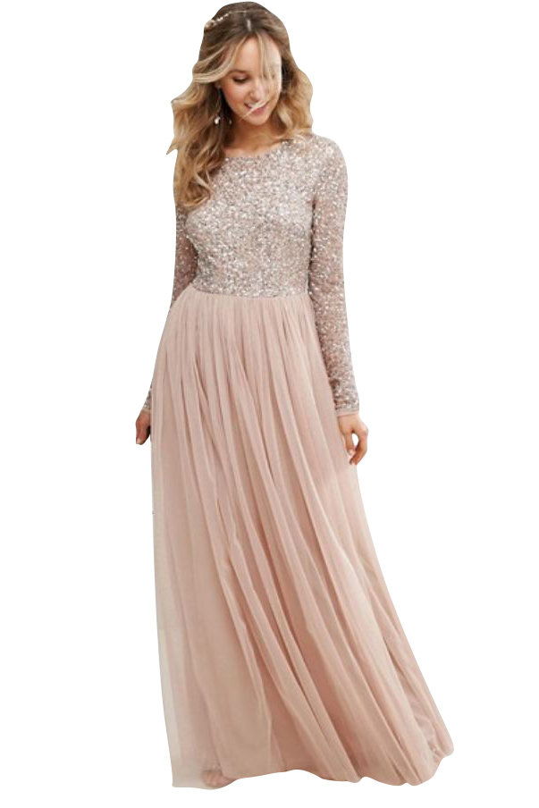 маи Long Sleeved Maxi Dress with Delicate Sequin and Tulle Skirt