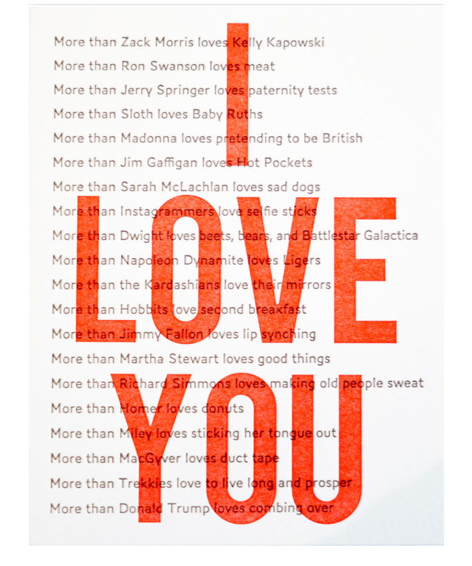 аз Love You List letterpress printed card