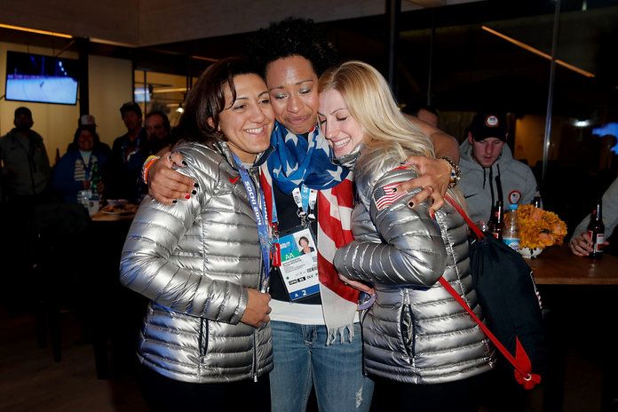 ΜΑΣ. Olympians Elana Meyers, Jazmine Fenlator and Jamie Greubel visit the USA House in the Olympic Village on February 20, 2014 in Sochi, Russia