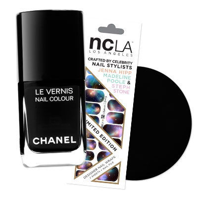 Стефани's Galaxy nail strips and Chanel Le Vernis Black Satin