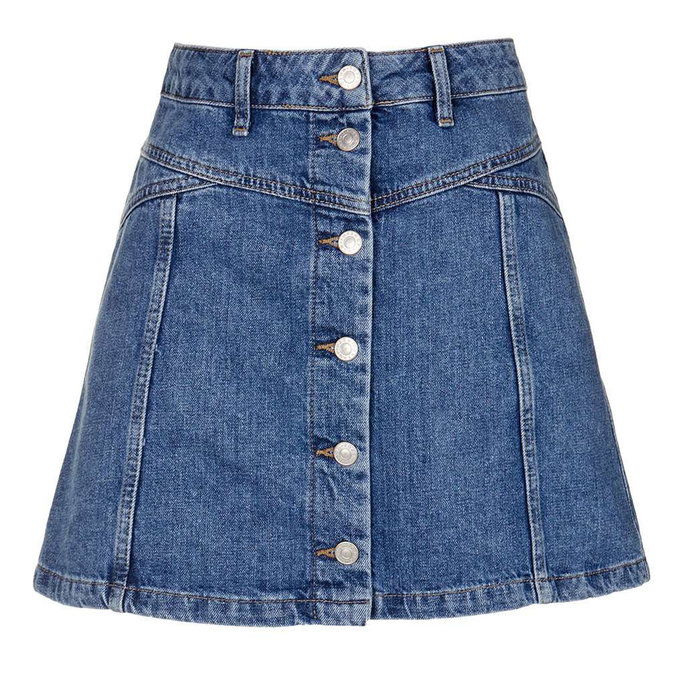 А button-front denim mini in a lighter wash 