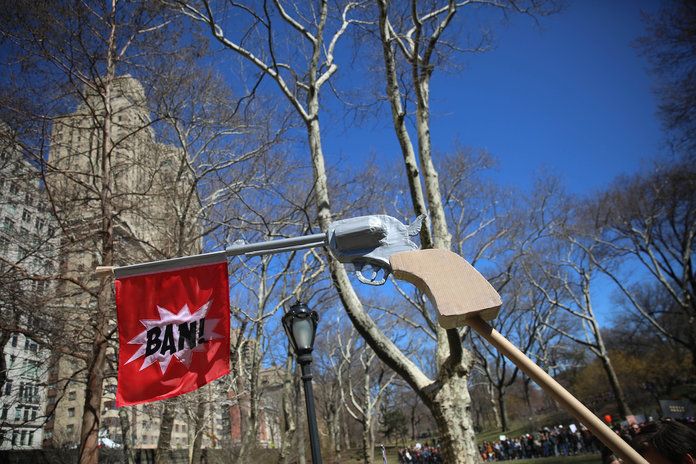Разположени in N.Y.C., a pistol with a bang flag ironically reads, 