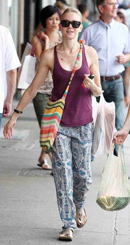 Наоми Watts shopping with printed pants, tank top, and Birkenstocks