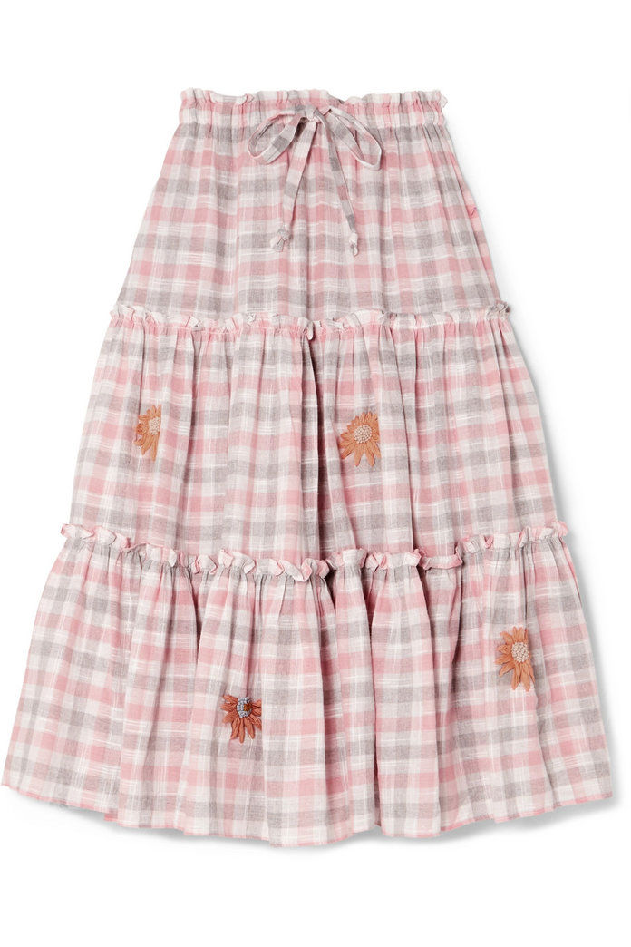 Бродирани Gingham Linen Midi Skirt