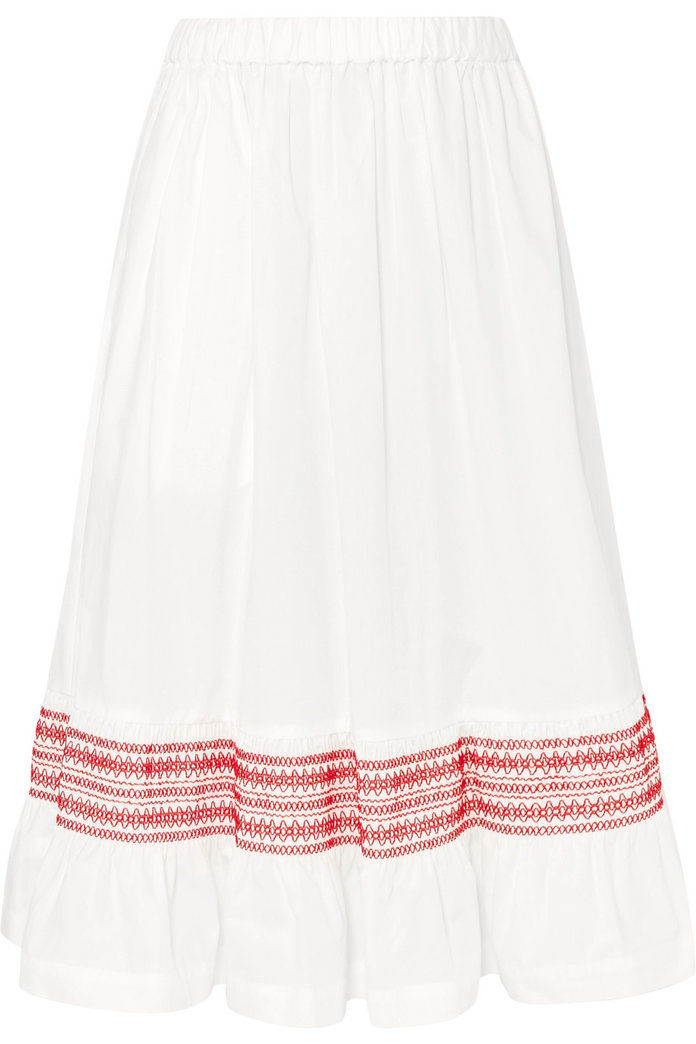 Shirred Cotton-Poplin Midi Skirt