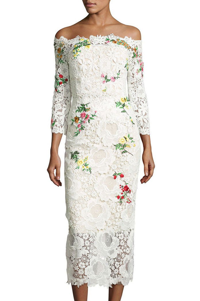 Monique Lhuillier Floral Lace Off-the-Shoulder Midi Dress
