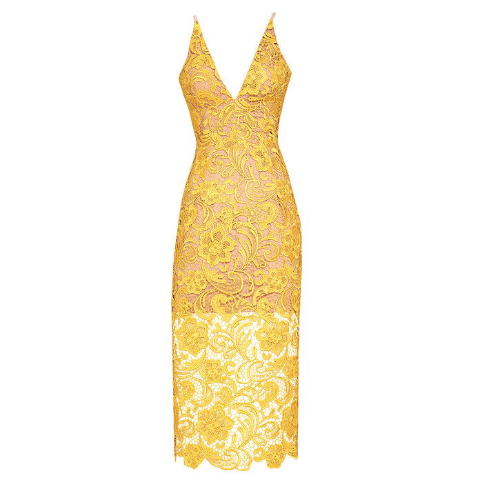 Marie Yellow Lace Midi Dress
