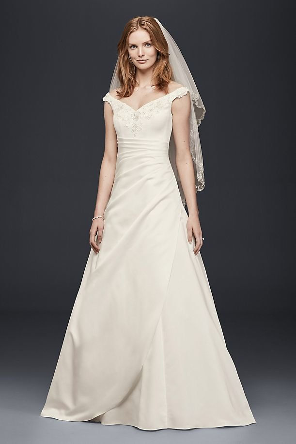 ДАВИД'S BRIDAL COLLECTION Off-the-Shoulder A-Line Satin Wedding Dress