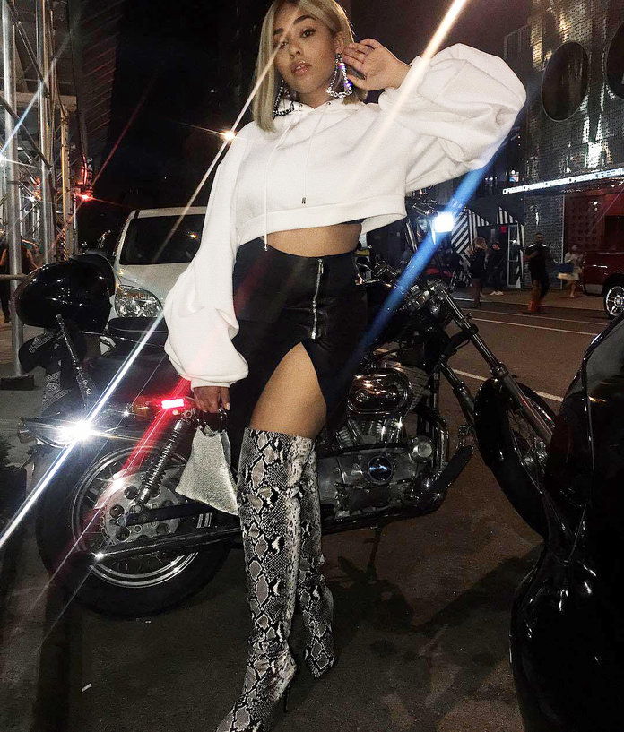 Jordyn Woods in the Viper Thigh High Boots 