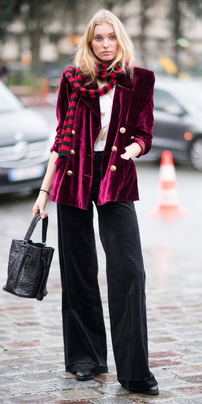 Elsa Hosk in a burgundy velvet coat 