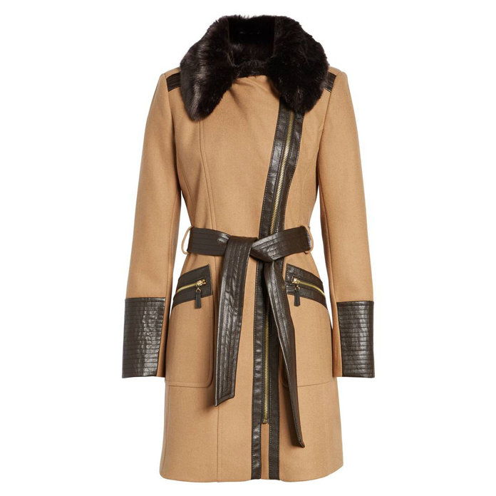 Faux Leather & Faux Fur Trim Belted Wool Blend Coat 