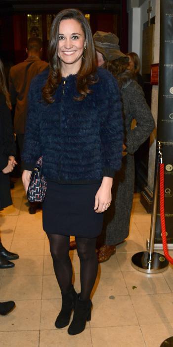 Pippa Best Outfits - faux fur navy coat by Sandro