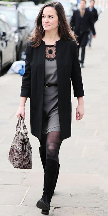 Pippa Middleton - lace-trimmed dress and black coat
