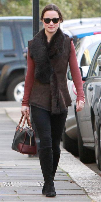 Pippa Middleton - Suzannah fur stole, Toscana bodywarmer, and Loewe bag