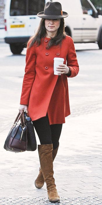 Pippa Middleton - red Zara coat, brown boots, black leggings, and brown two-tone Loewe bag