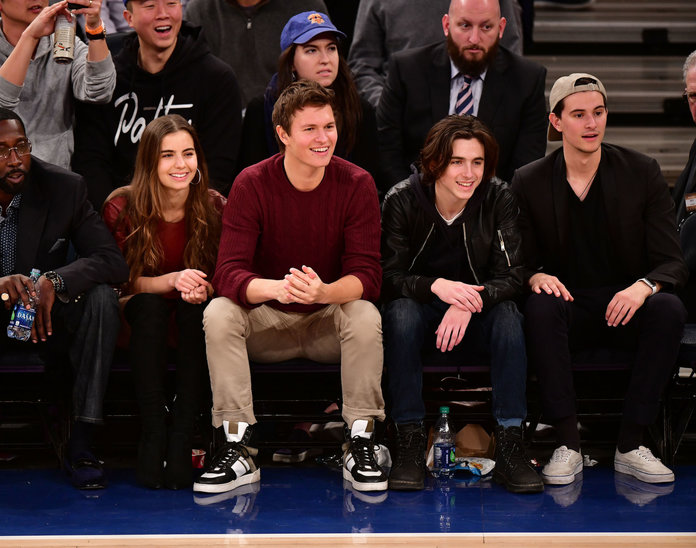 Ансел Elgort and Timothée Chalamet at basketball game